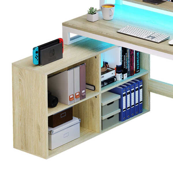 Dextrus 65" L Shaped Desk with Power Outlets and Monitor Stand , Computer Desk with LED Light &File Cabinet, Corner Desk with 3