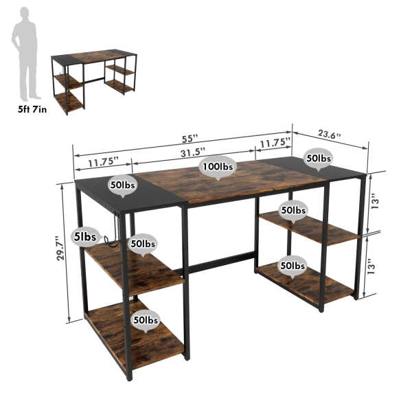 Bestier 55 Inches Computer Desk PC Laptop Table with 4 Storage Shelves in Rustic Brown
