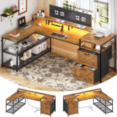 67" L Shaped Desk with Drawers, Computer Office Desk with Storage Shelves & Power Outlet, Reversible Gaming Desk with LED Lights