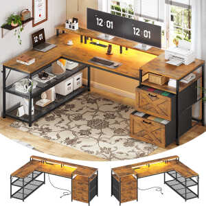 67" L Shaped Desk with Drawers, Computer Office Desk with Storage Shelves & Power Outlet, Reversible Gaming Desk with LED Lights