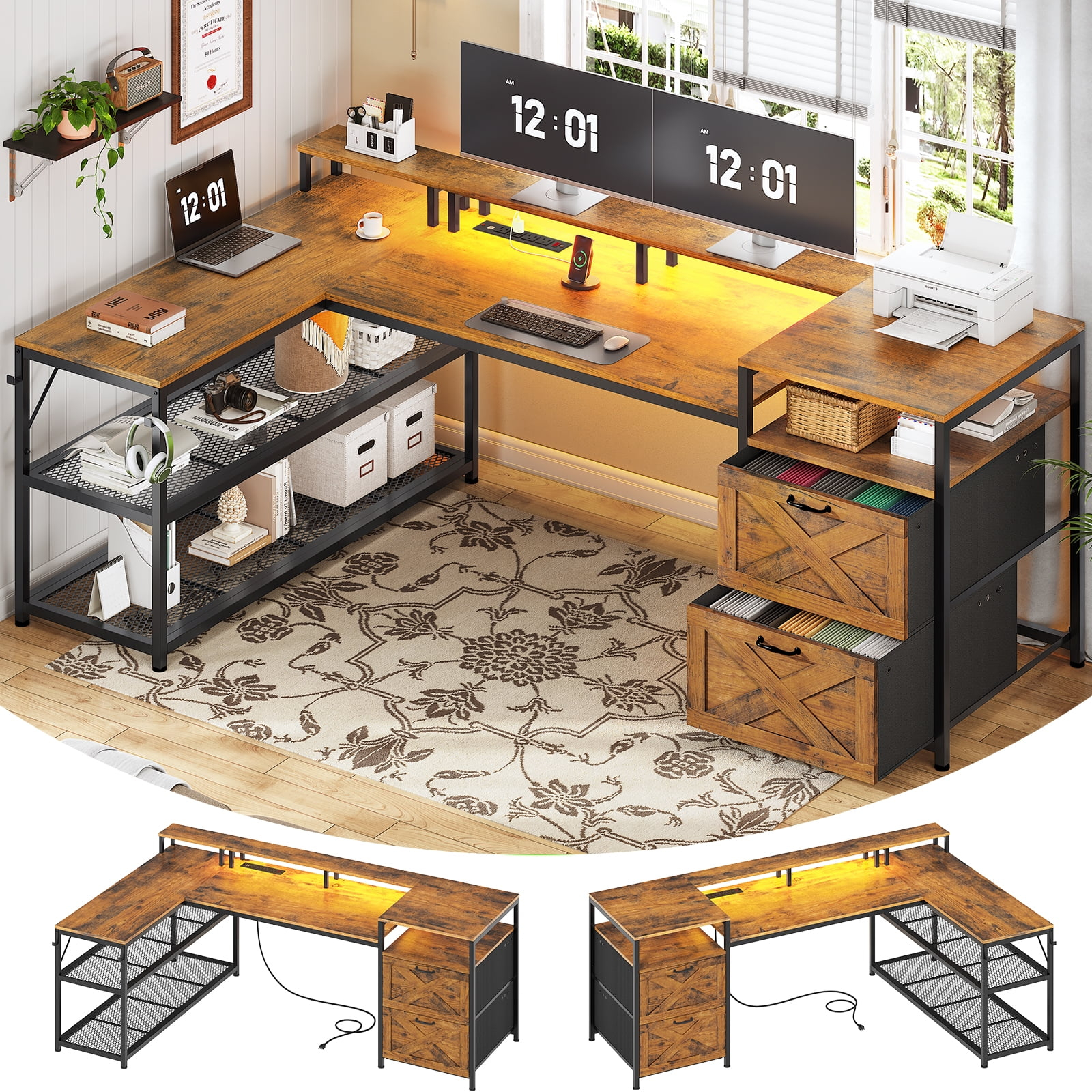 67" L Shaped Desk with Drawers, Computer Office Desk with Storage Shelves & Power Outlet, Reversible Gaming Desk with LED Lights