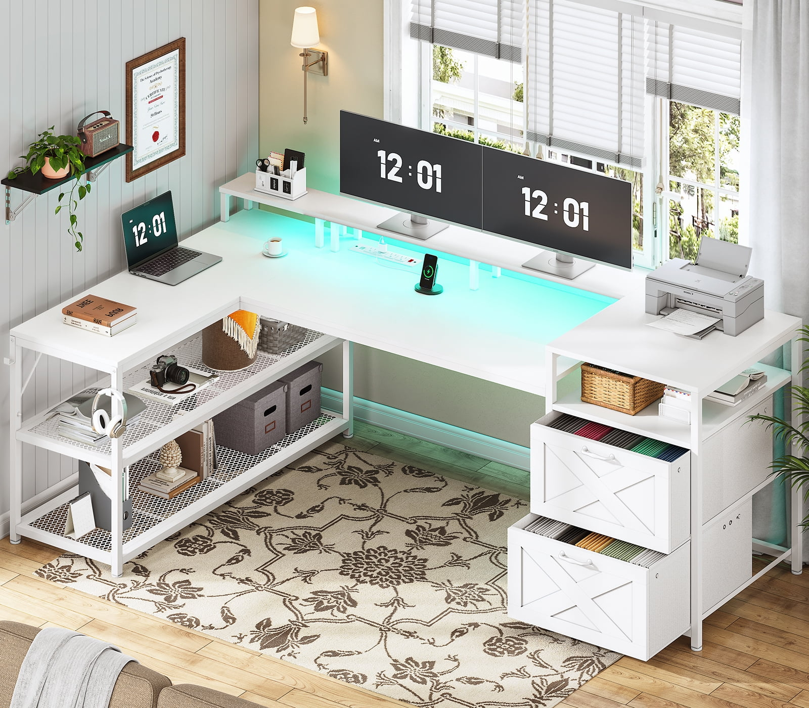 67" L Shaped Desk with Drawers, Computer Office Desk with Storage Shelves & Power Outlet, Reversible Gaming Desk with LED Lights