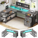 67" L Shaped Desk with Drawers, Computer Office Desk with Storage Shelves & Power Outlet, Reversible Gaming Desk with LED Lights