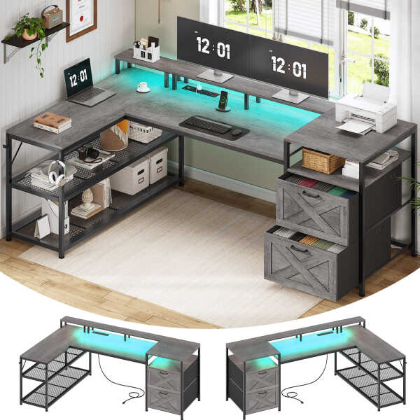 67" L Shaped Desk with Drawers, Computer Office Desk with Storage Shelves & Power Outlet, Reversible Gaming Desk with LED Lights