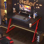 Homall 44 Inches Z-Shaped Gaming Desk Carbon Fiber Surface Desk with Cup Holder & Headphone Hook, Black