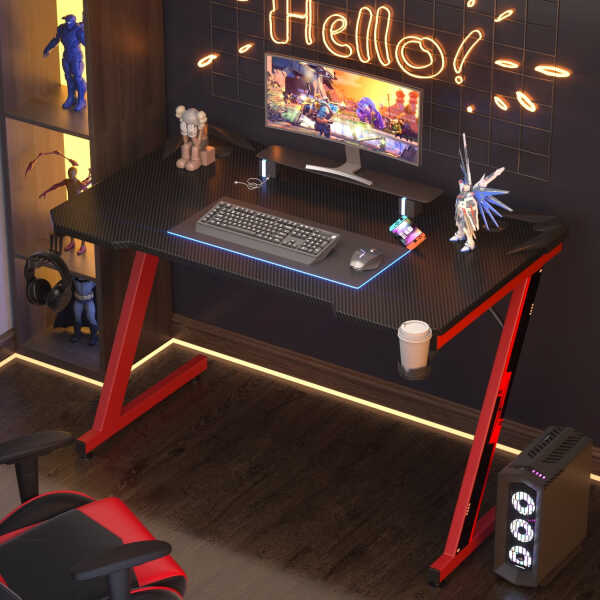 Homall 44 Inches Z-Shaped Gaming Desk Carbon Fiber Surface Desk with Cup Holder & Headphone Hook, Black