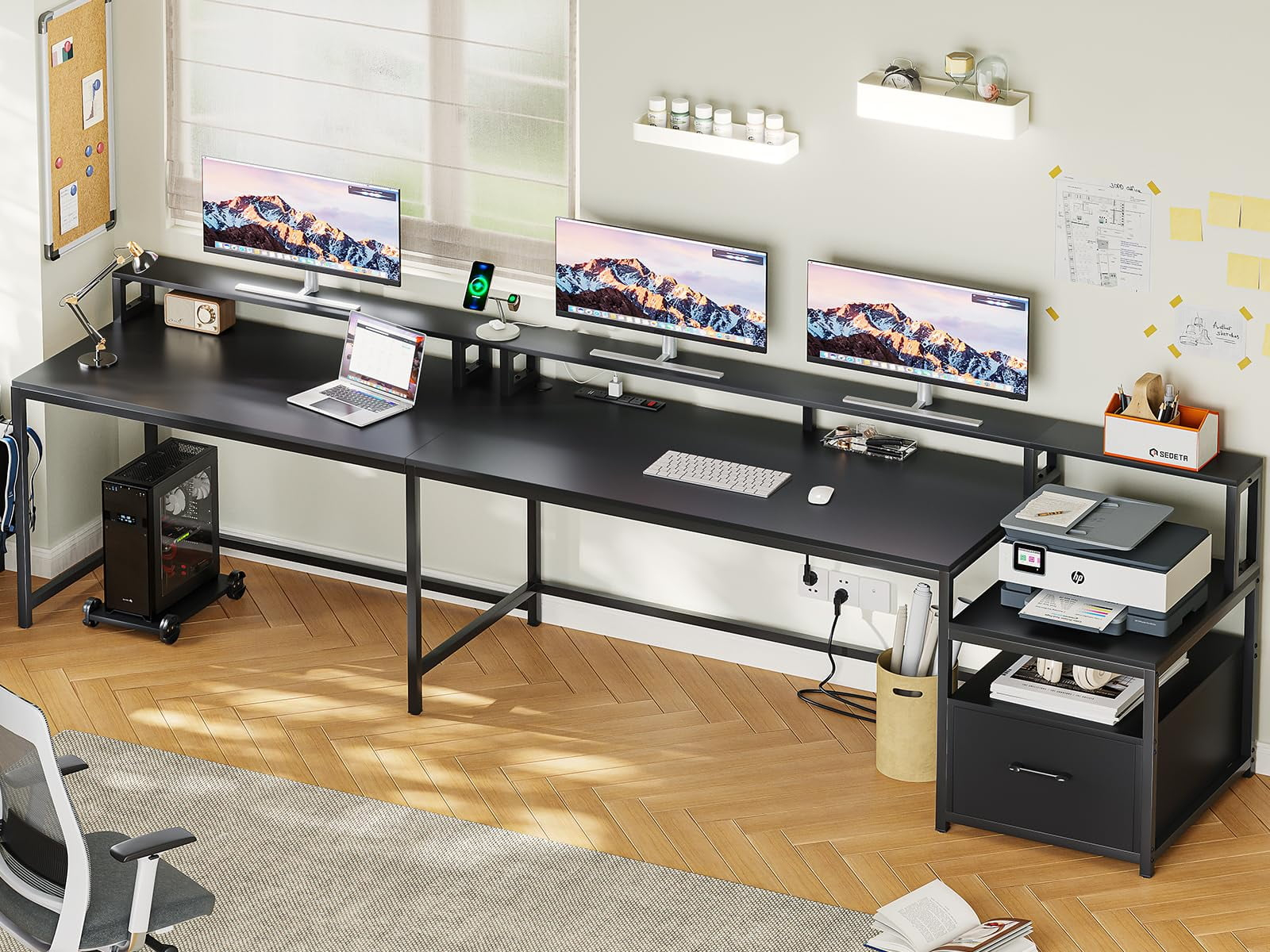 L Shaped Desk with Power Outlet and LED Lights, Corner Computer Desk with File Drawer for Home Office, Gaming Desk, Rustic Brown