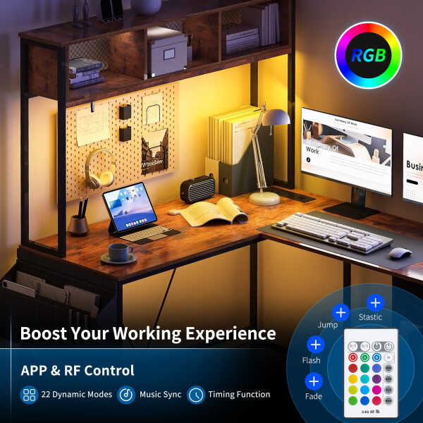 Yoobure 55 inch L Shaped Desk with Power Outlet and LED lights&65292Corner Gaming Desk with Storage Shelf&65292Computer Desk L