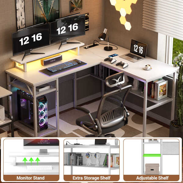 Homieasy L Shaped Computer Desk with Magic Power Outlets and Smart LED Light, Reversible 55 Inch Corner Office Desk with Monitor