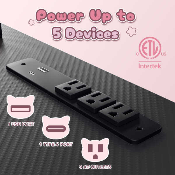 Dowinx 43" L-Shaped Gaming Desk Cute with Cat Accessories, Corner Desk with Power Outlet & Monitor Shelf for Adult and Girl,