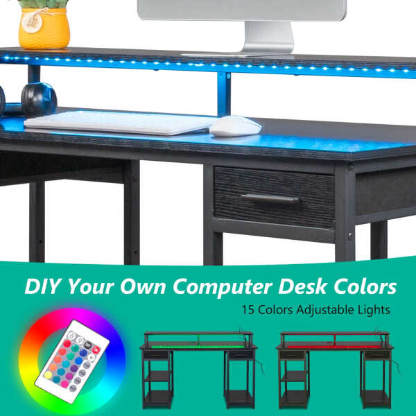 Ktaxon Gaming Desk with 2 Power Outlets&USB, Computer Desk with 15 Adjustable Light, Study Writing Table with Large Desktop, for