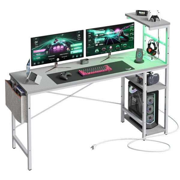 Bestier 61" Reversible Gaming Desk with PC Shelf Computer Desk with LED Light Carbon Fiber