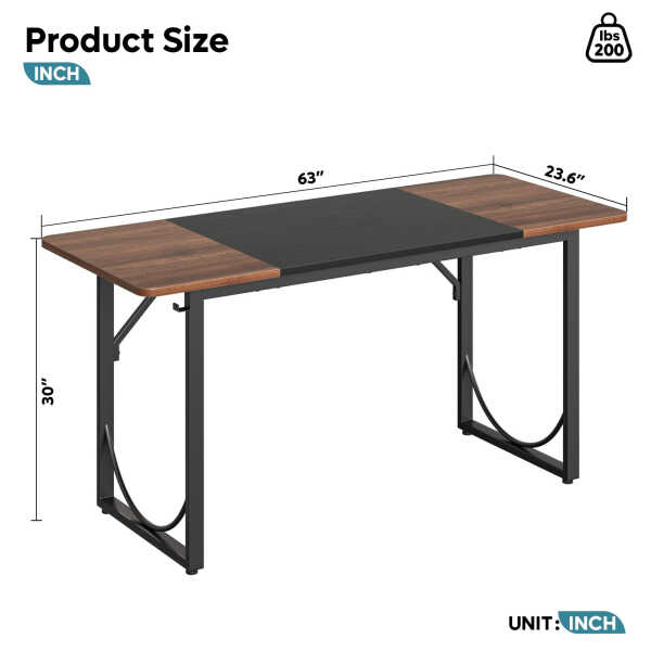 Pinmoco 63" Executive Desk, Lager Writing Desk with Metal Frame, Home and Office, Black with Walnut