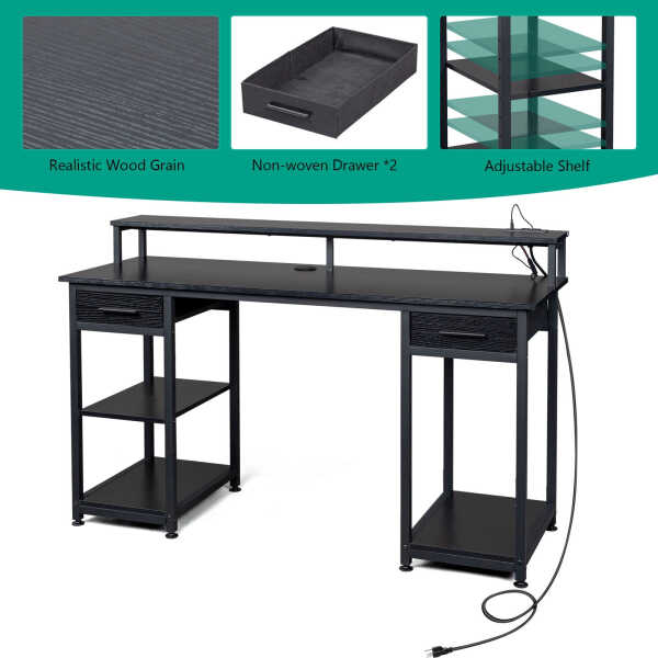 Ktaxon Gaming Desk with 2 Power Outlets&USB, Computer Desk with 15 Adjustable Light, Study Writing Table with Large Desktop, for