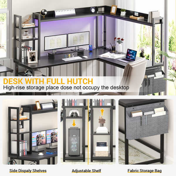 Homieasy L Shaped Desk with Power Outlet and LED lights, Reversible Corner Computer Desk with Hutch and Storage Shelf, Ergonomic