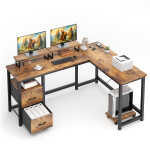 66" L Shaped Computer Desk with Power Outlets, Gaming Desk with Shelf and Drawers for Home Office, Retro Brown
