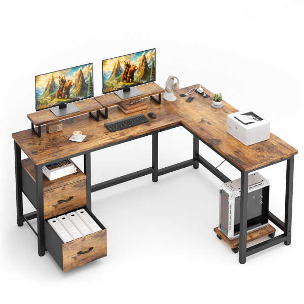 66" L Shaped Computer Desk with Power Outlets, Gaming Desk with Shelf and Drawers for Home Office, Retro Brown