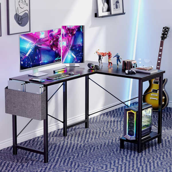 Furnibear Computer Desk with Drawer and Power Outlets, 47" Office Desk with 2 Monitor Stands and Fabric File Cabinet for Home