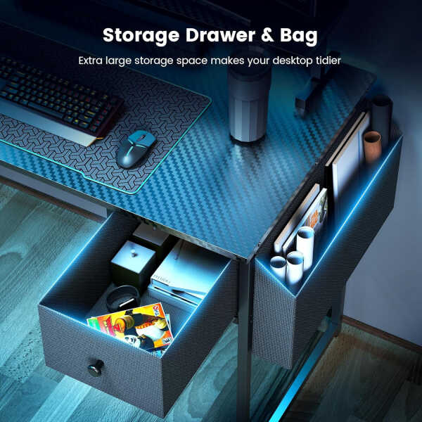 Upgo 55" Gaming Desk with Adjustable Storage Rack & LED Lights, Power Outlets for Adult and Teen