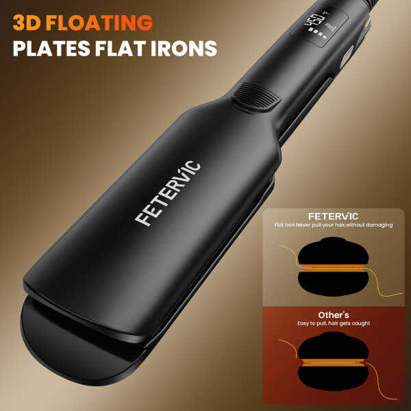 FETERVIC 1.57 Inch Ceramic Hair Straightener, Dual Voltage Flat Iron with 3D Floating Titanium Plates, LCD Display, 60-Min Auto