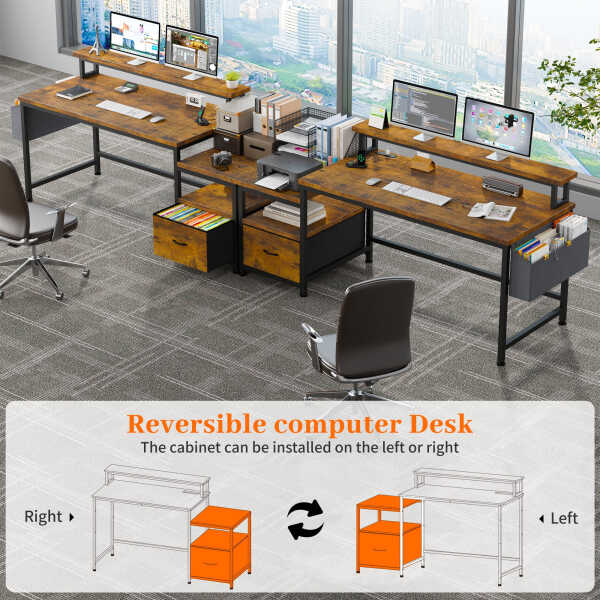 EnHomee 56.5" Computer Desk with Monitor Stand, Office Desk with Fabric File Cabinet, Gaming Computer Desk for Home Office