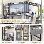 Homieasy L Shaped Desk with Power Outlet and LED lights, Reversible Corner Computer Desk with Hutch and Storage Shelf, Ergonomic
