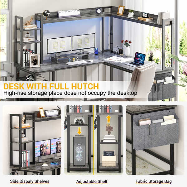 Homieasy L Shaped Desk with Power Outlet and LED lights, Reversible Corner Computer Desk with Hutch and Storage Shelf, Ergonomic