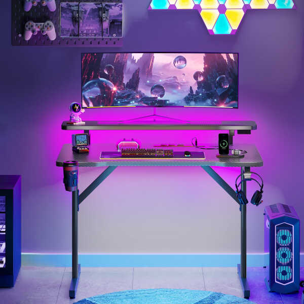 31 inch Small Gaming Desk with Power Outlets & LED Lights, Computer Desk Gaming Table with Monitor Shelf, Gamer Desk with Carbon