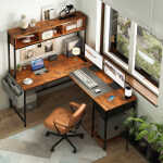 Yoobure 55 inch L Shaped Desk with Power Outlet and LED lights&65292Corner Gaming Desk with Storage Shelf&65292Computer Desk L