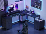 GIKPAL L Shaped Computer Desk, Reversible Gaming Desk with Drawers, Corner Desk with Storage Shelves & Monitor Stand, Home