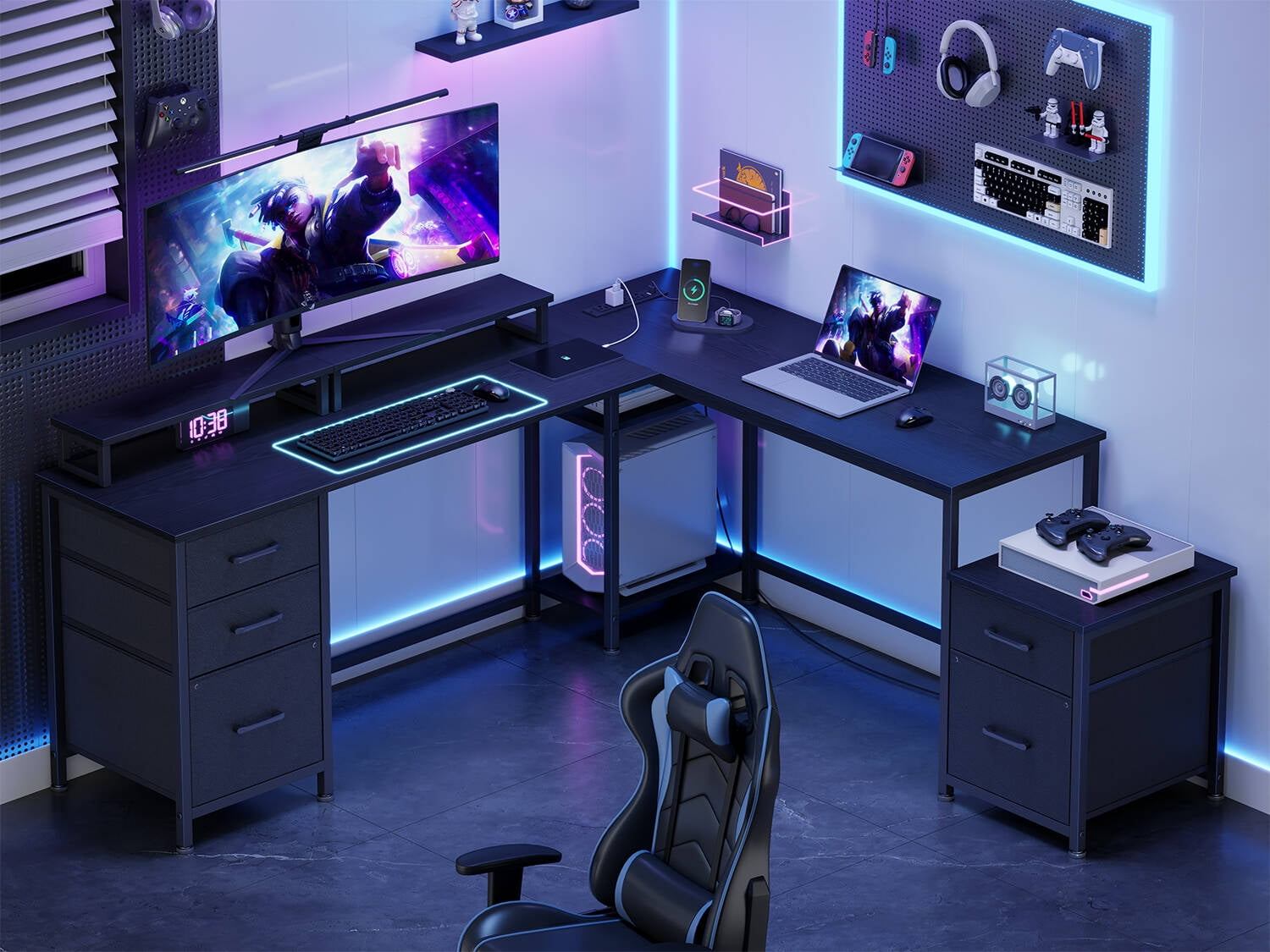 GIKPAL L Shaped Computer Desk, Reversible Gaming Desk with Drawers, Corner Desk with Storage Shelves & Monitor Stand, Home