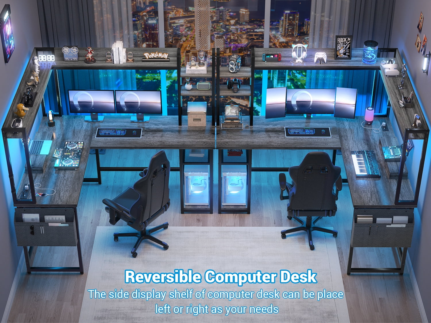 Homieasy L Shaped Desk with Power Outlet and LED lights, Reversible Corner Computer Desk with Hutch and Storage Shelf, Ergonomic
