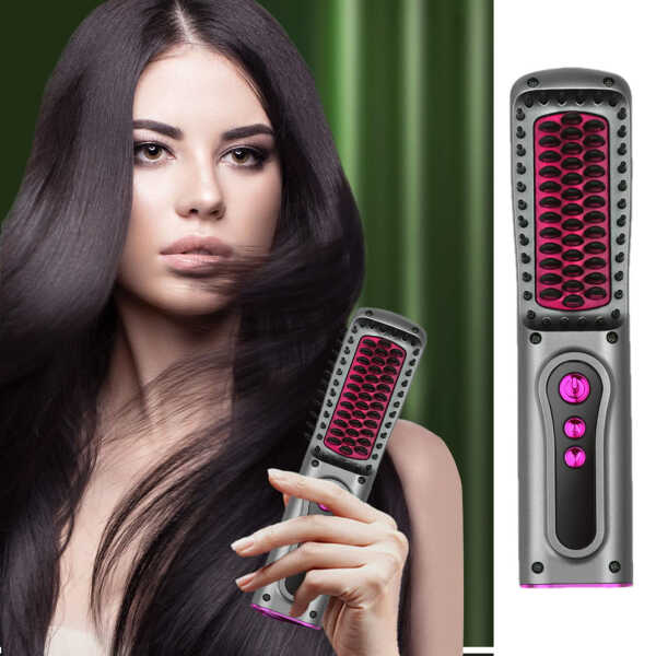 OHHSUN Cordless Hair Straightener Brush, Portable Negative Ion Hot Comb with USB Rechargeable Feature Fast Heating 3 Temp
