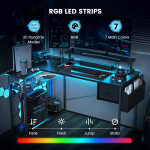 Upgo 55" Gaming Desk with Adjustable Storage Rack & LED Lights, Power Outlets for Adult and Teen