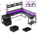 Enhomee L Shaped Desk, Gaming Desks with Power Outlet & LED Light Computer Deskwith Drawers & Storage Shelves Black