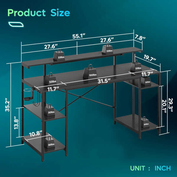 Bestier 55" Gaming Desk with LED Light & Monitor Stand Computer Desk Corner Desk for Home Office, Black Carbon Fiber