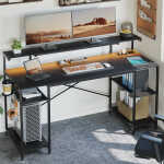 Bestier Gaming Desk with LED Light & Outlets 55" Computer Desk with Monitor Stand, Black Carbon Fiber