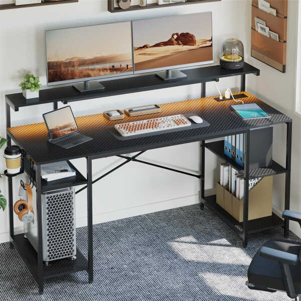 Bestier Gaming Desk with LED Light & Outlets 55" Computer Desk with Monitor Stand, Black Carbon Fiber