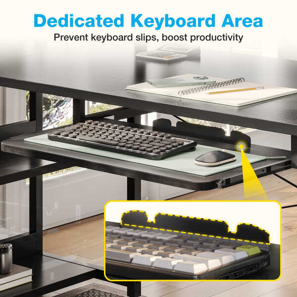 KKL 61 inch L Shaped Gaming Desk with 4 Drawers & Power Outlets, Home Office Desk with Adjustable Heights Monitor Stand &