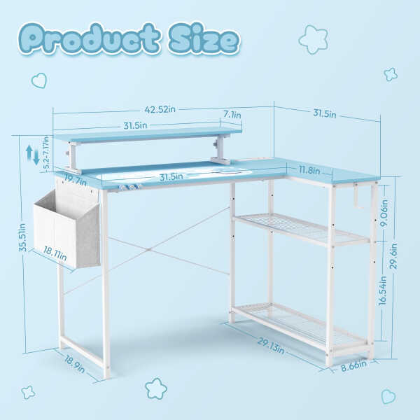 Dowinx 43" L-Shaped Gaming Desk Cute with Cat Accessories, Corner Desk with Power Outlet & Monitor Shelf for Adult and Girl,