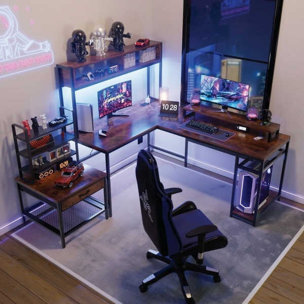 CHITOOMA 67 Inch Reversible L-Shaped Computer Desk Gaming Desk with Power Outlets,USB Ports,LED Strip,Storage Shelves & Monitor