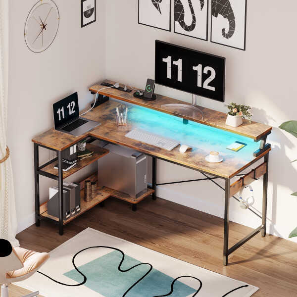 48 inch Reversible L Shaped Gaming Desk with LED Lights & Power Outlet, Corner Computer Desk with Storage Shelves & CPU Stand,