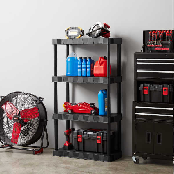 Hyper Tough Black Plastic 4-Tier 56.2" H x 30"" W x 13.8" D, 280lb Total Capacity