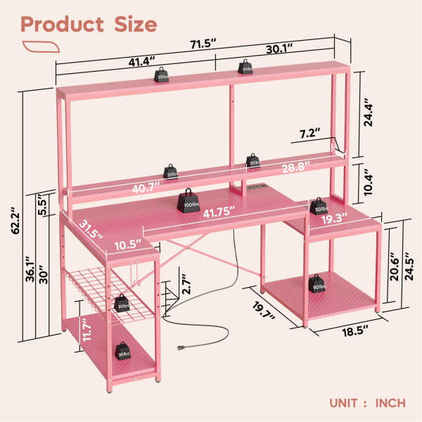 Bestier 71.5 inch Gaming Desk with LED Lights & Power Outlet, L Shaped Computer Desk with Hutch & Adjustable Shelves, Pink 3D