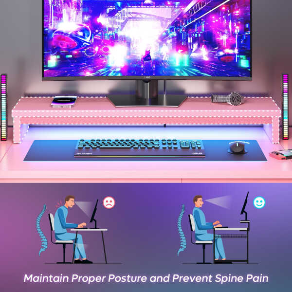 Bestier 51 inch Gaming Desk with LED Lights, U-Shaped Computer Desk with Monitor Stand, Hooks and Cup Holder, Home Office Desk,