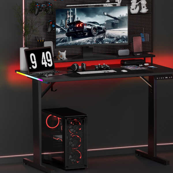 GTRACING 55" Large RGB Sturdy Gaming Desk with Mouse Pad T-Shaped Office Chair Computer Desk Spacious Work Surface Table, Black