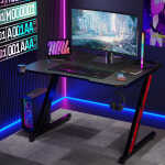 Homall 44 Inches Z-Shaped Gaming Desk Carbon Fiber Surface Desk with Cup Holder & Headphone Hook, Black