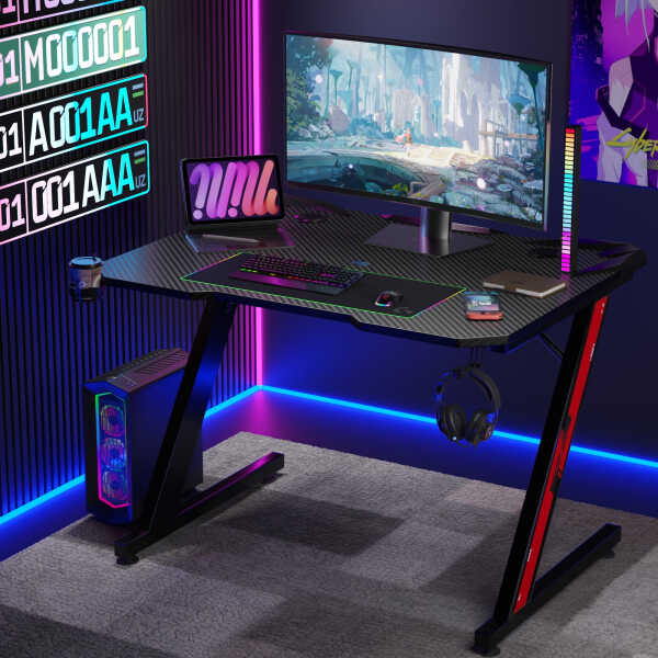 Homall 44 Inches Z-Shaped Gaming Desk Carbon Fiber Surface Desk with Cup Holder & Headphone Hook, Black
