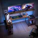 Eunon 71 inch L-Shaped Gaming Desk with Power Outlets LED Computer Office Table with Monitor Stand & Storage Shelf
