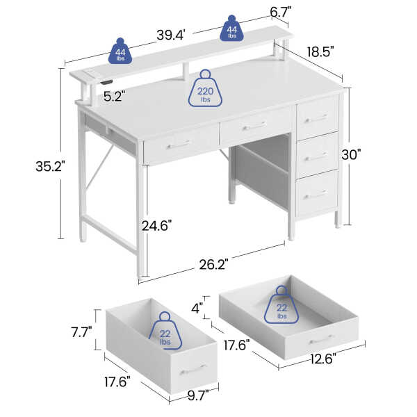 Greenstell 39" Computer Desk with Built-in Outlets & LED, 5-Drawer Office Desk with Monitor Stand, White